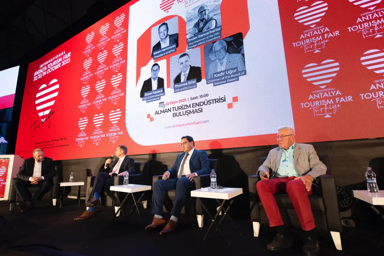 Panelists speak during the German Tourism Industry Meeting at the Antalya Tourism Fair 2025