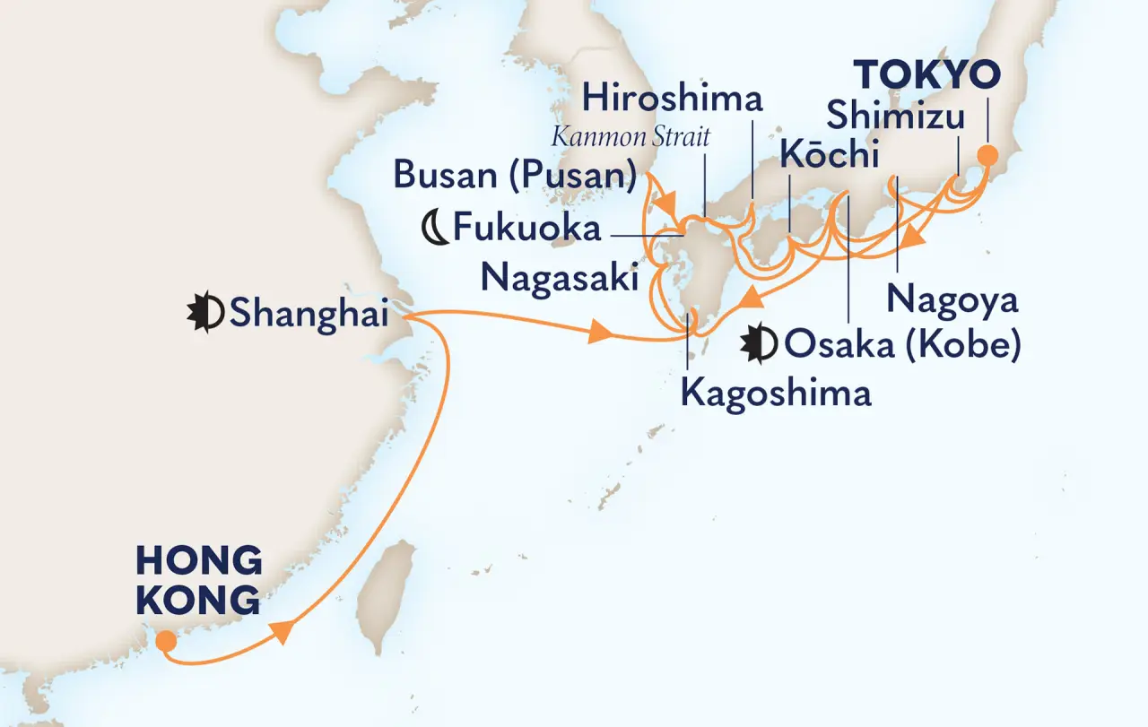 Holland America Adds New Japan Ports And Scenic Routes In 2027–2028 Asia Cruises 3 Map showing Holland America Line’s 2027–2028 Asia cruise route connecting Tokyo, Osaka, Nagoya, Hiroshima, Busan, Shanghai, and Hong Kong.