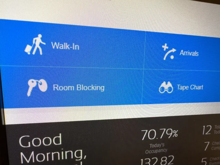 Technology 24 Hotel management software screen showing options for walk-ins, arrivals, room blocking, and tape chart with occupancy data.