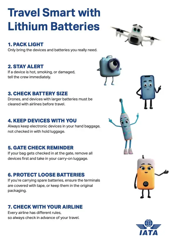 La infografía 'Viaje más inteligente con baterías de litio' de IATA enumera siete consejos de seguridad para viajeros.