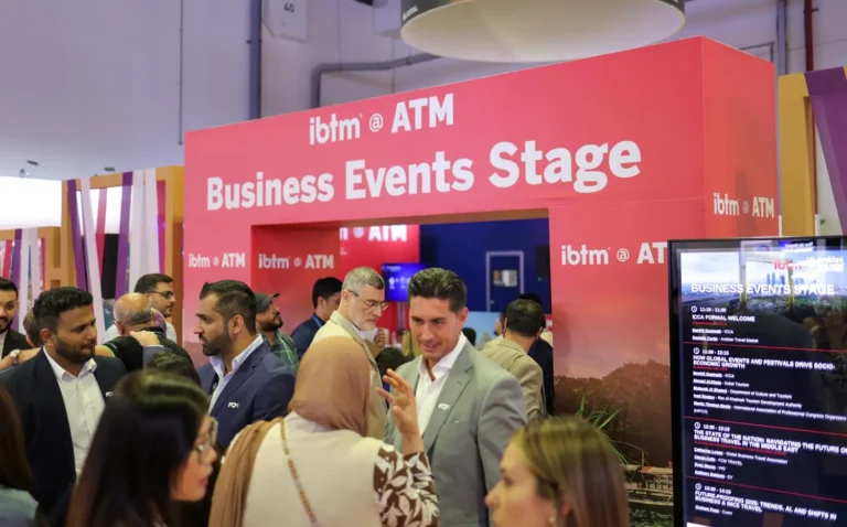Attendees network at the IBTM @ ATM Business Events Stage during Arabian Travel Market in Dubai.