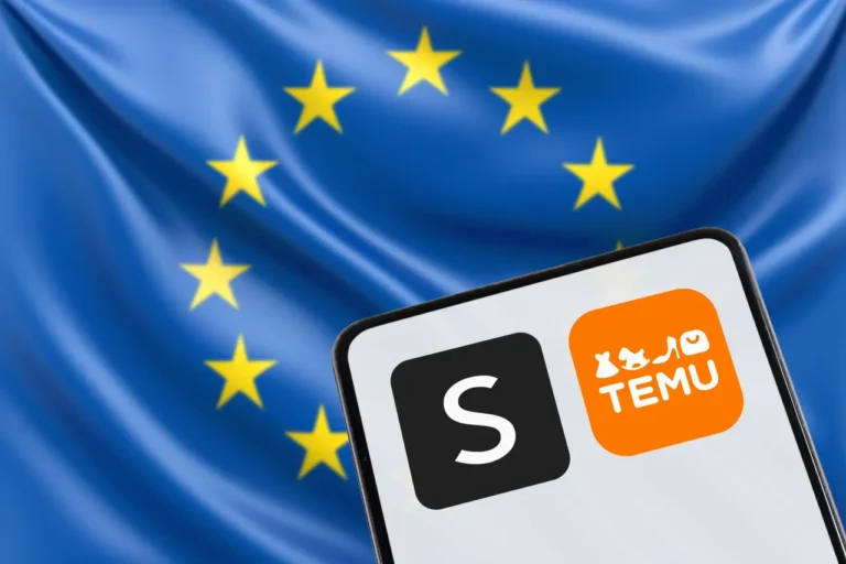 Phone screen showing Shein and Temu app icons in front of the European Union flag.
