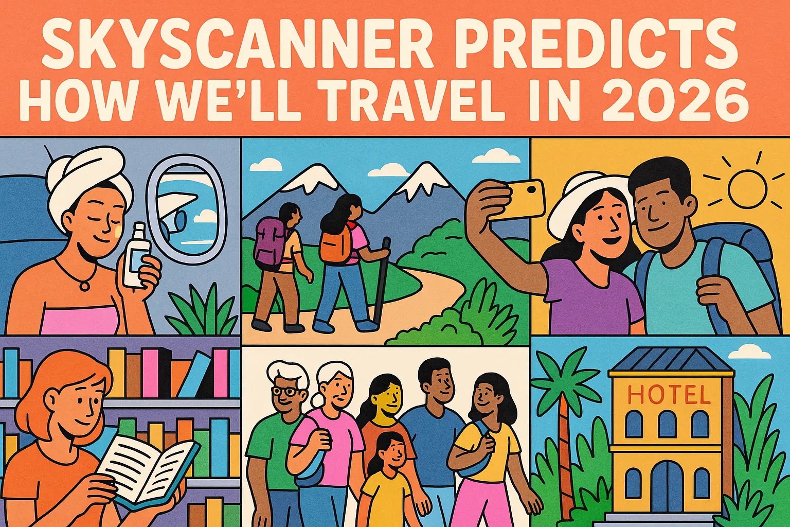 Skyscanner Predicts How We’ll Travel in 2026 31 Cartoon illustration showing diverse travellers exploring global destinations, including hikers, a reader, a family, and a couple taking a selfie, representing 2026 travel trends.