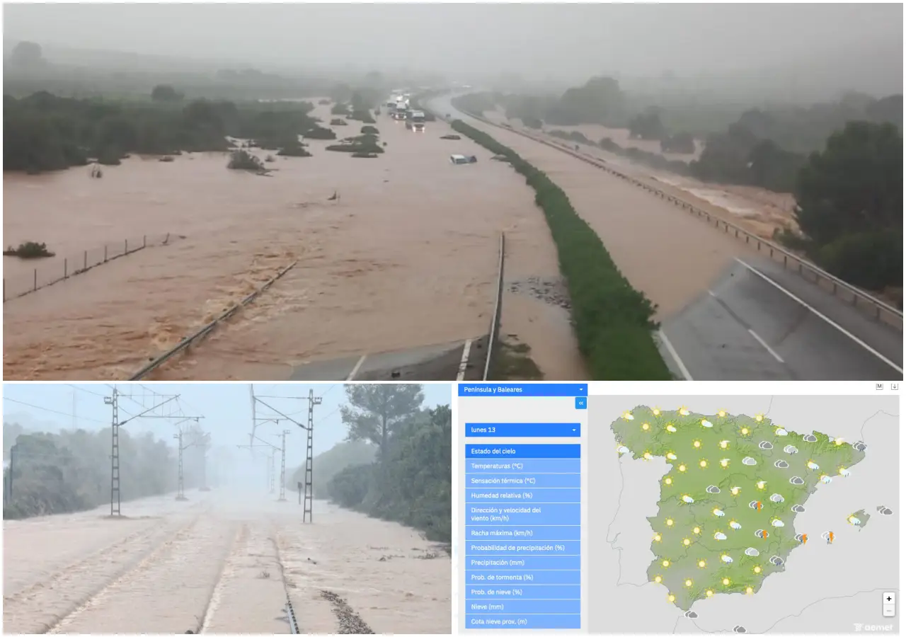Flooded highway and railway in eastern Spain after Storm Alice, with weather map showing affected areas.