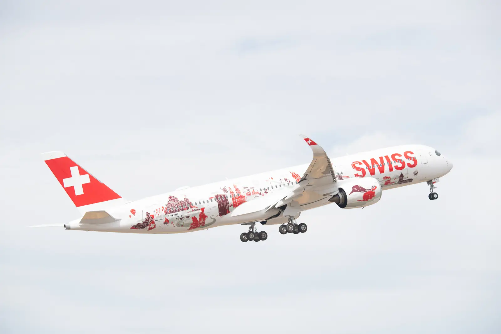 Swiss International Air Lines Airbus A350-900 taking off with special red and white livery.