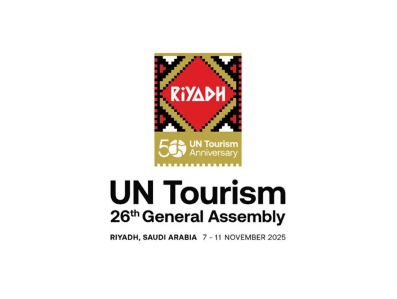 Logo for the UN Tourism 26th General Assembly in Riyadh, Saudi Arabia, celebrating the agency’s 50th anniversary, scheduled for November 7–11, 2025.