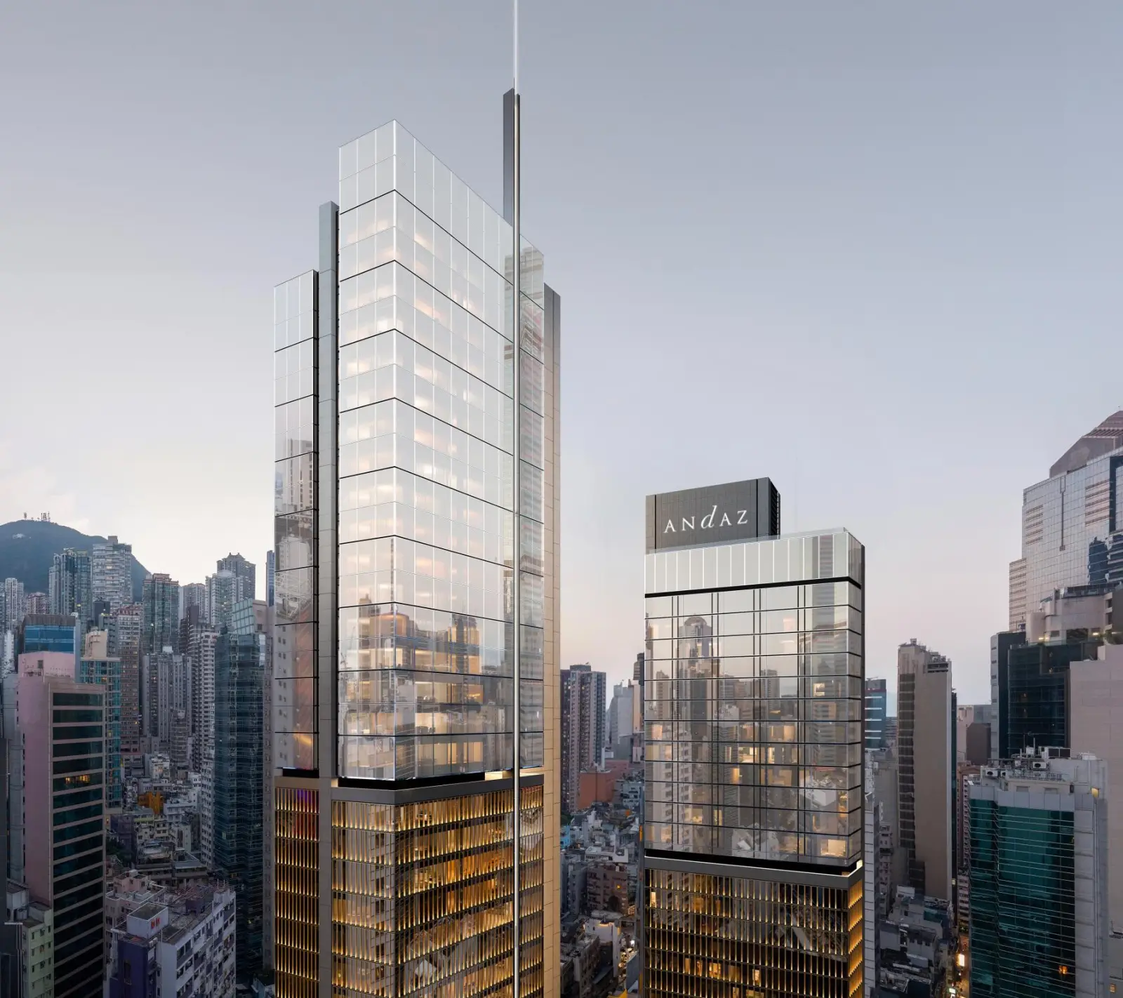 Hyatt To Debut Its First Andaz Hotel In Hong Kong In 2027 As Part Of Expansion Plans In Asia 2 Andaz Hong Kong Central towers with glass façades reflecting city skyline at dusk.