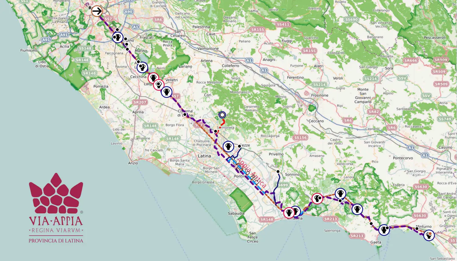 3 New Routes Invite Visitors To Rediscover Italy’s Oldest Road 3 Map showing the Pontine stretch of the Appian Way with marked cycling and tourism routes across the Province of Latina.