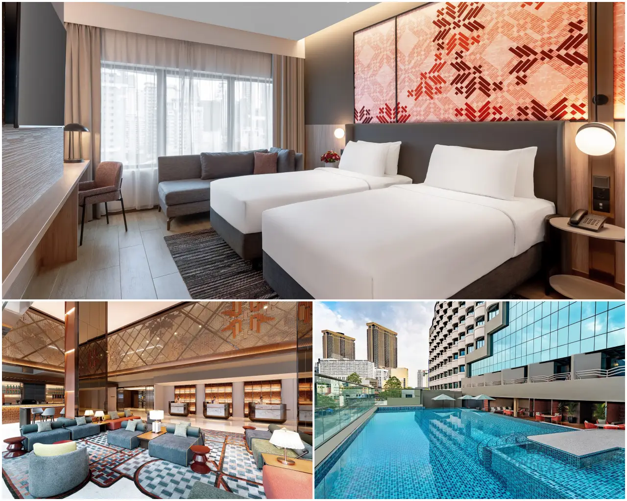 美爵酒店 (Grand Mercure) 以传统风格设计 3 亮相吉隆坡 拼贴画展示了吉隆坡武吉免登美爵酒店的客房、酒店大堂和室外游泳池。