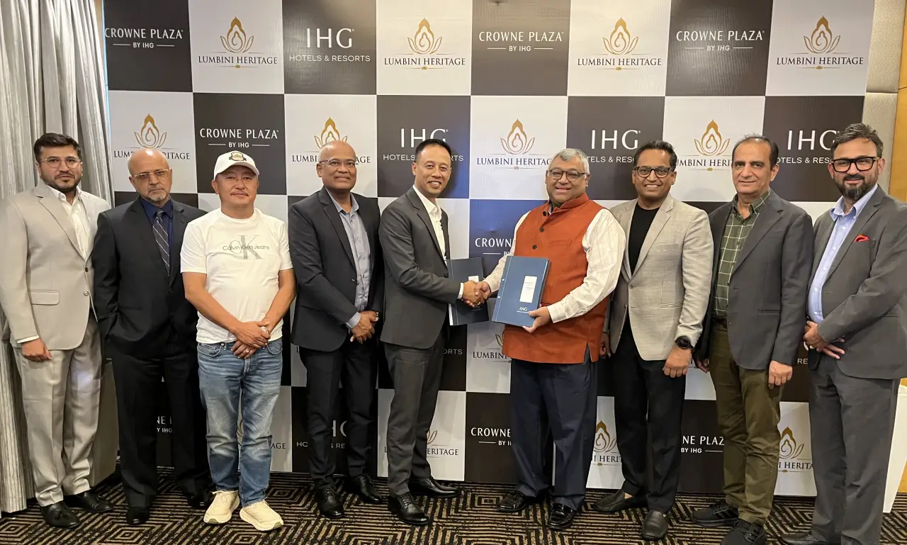 IHG Hotels & Resorts and Lumbini Heritage Limited representatives at the signing ceremony for Crowne Plaza Lumbini in Nepal.