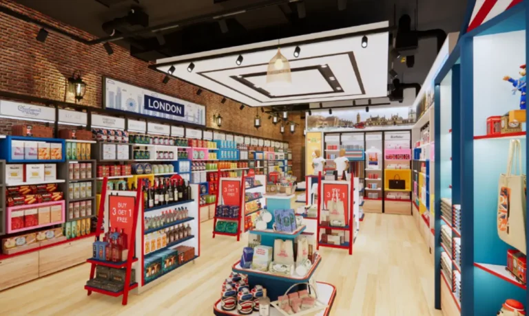 Interior of the new Discover London store at Gatwick Airport, featuring shelves of British gifts, souvenirs, and local products in a bright, modern setting.