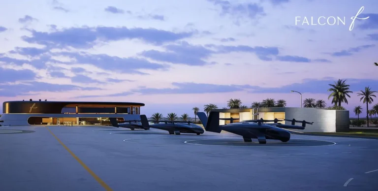 Luxury Travel 15 Modern private aviation terminal in Dubai with two futuristic eVTOL aircraft parked on helipads at sunset.