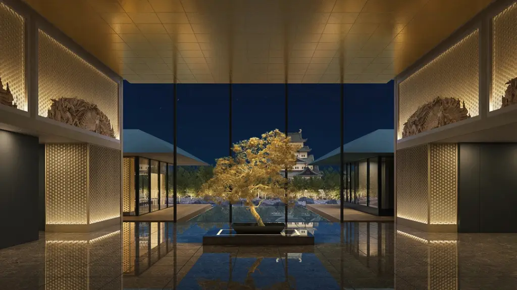 Espacio Nagoya Castle Offers Ultra-Luxurious Samurai-Era Accommodation 4 Elegant ESPACIO Nagoya Castle interior with illuminated décor and night views of Nagoya Castle.