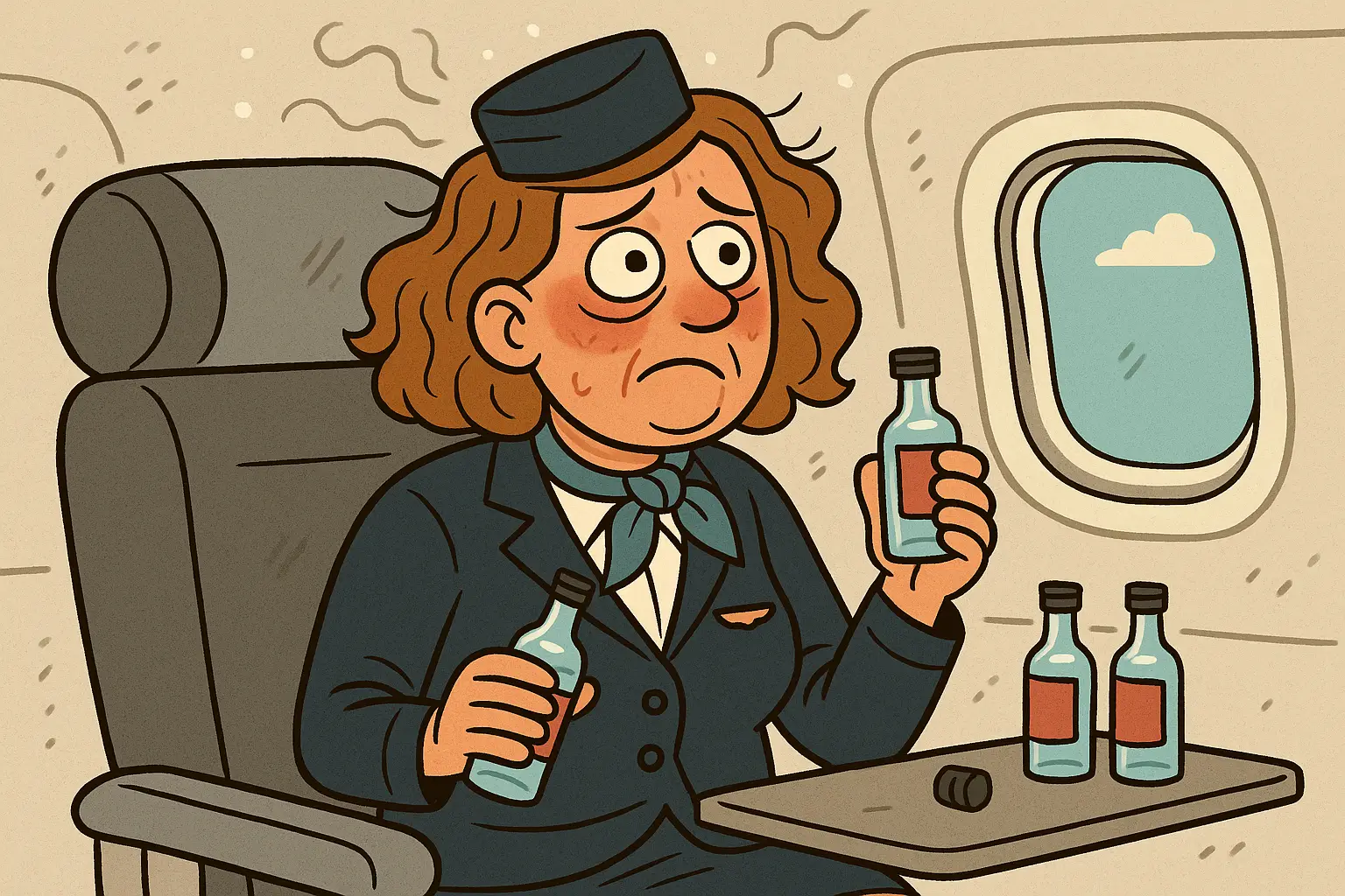 Cartoon illustration of a flight attendant in uniform sitting inside an airplane, holding small vodka bottles with a worried expression.