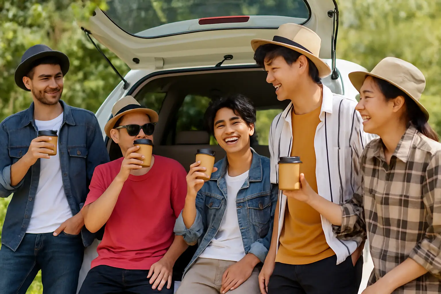 Group of friends drinking from takeaway cups and talking beside an open car trunk.