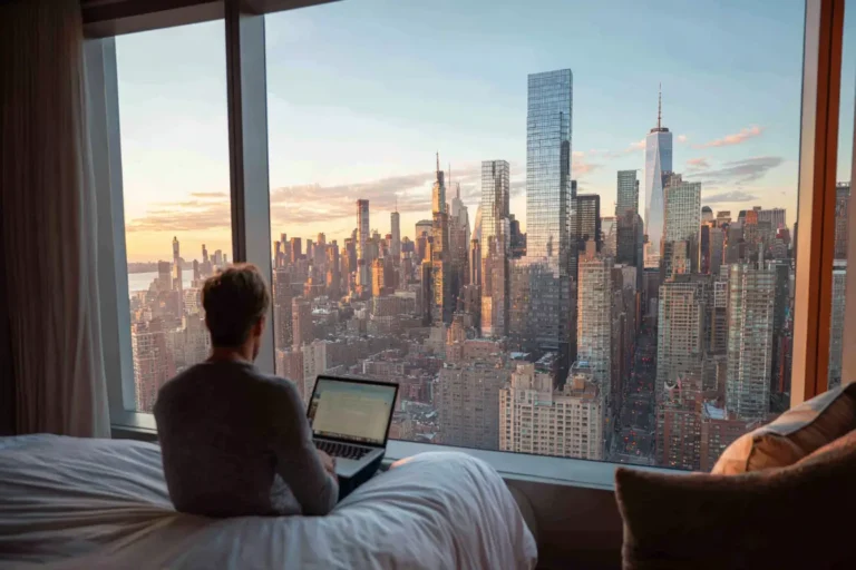 Technology 20 Person working on a laptop in a hotel room overlooking a panoramic city skyline at sunset.