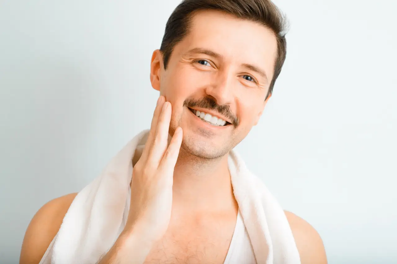 Smiling man with a neatly trimmed moustache touching his face after grooming.