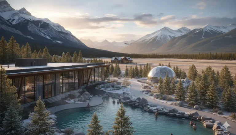 Luxury Travel 16 Mountain wellness resort with outdoor hot springs, modern lodge, and panoramic snowy peaks at sunset.