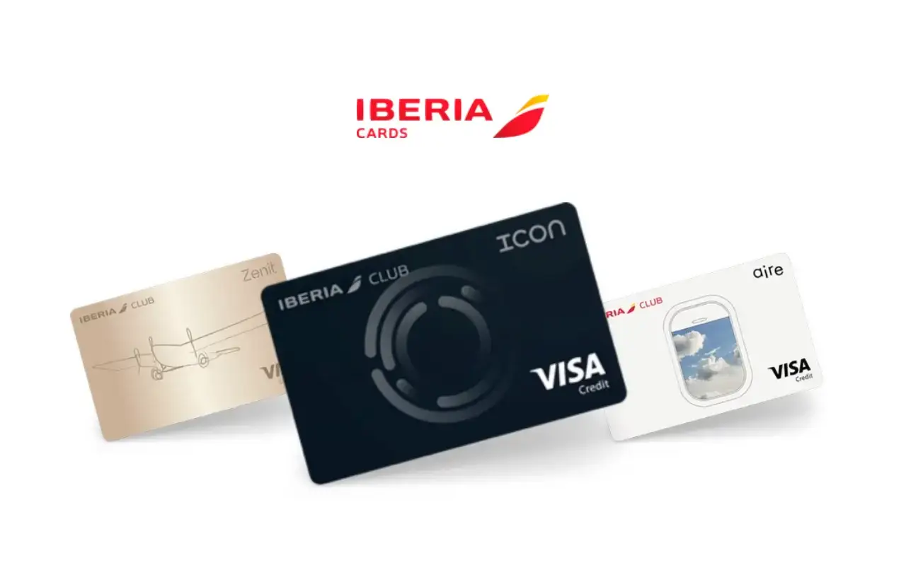 Three Iberia credit cards—Zenit, Icon, and Aire—displayed side by side under the Iberia Cards logo.