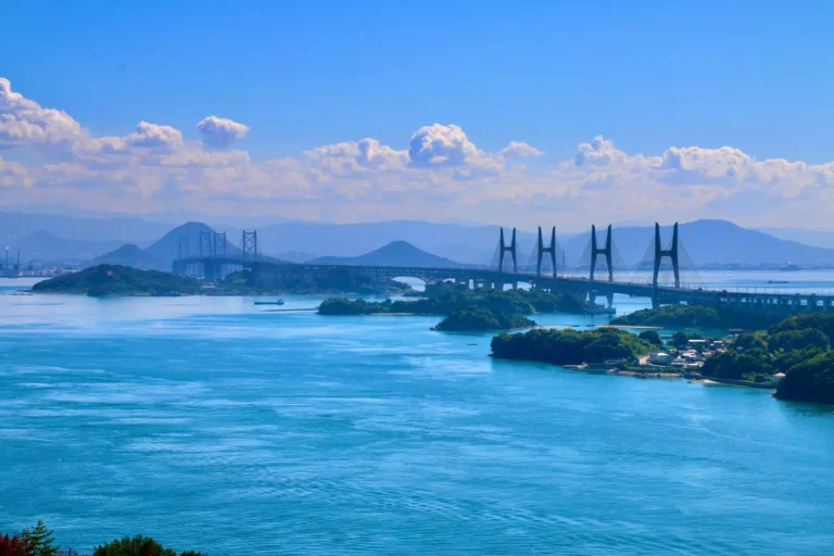 Setouchi Great Bridge and surrounding islands viewed from Mt. Washu’s first observation deck in Kurashiki, Okayama Prefecture
