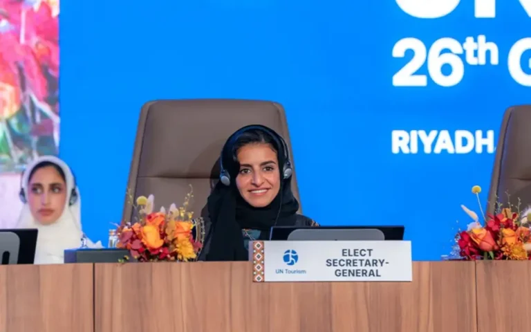 Shaikha Al Nowais, newly elected Secretary-General of UN Tourism, sits at the 26th General Assembly in Riyadh.