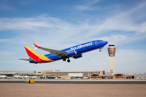 Southwest Airlines jet taking off from airport runway