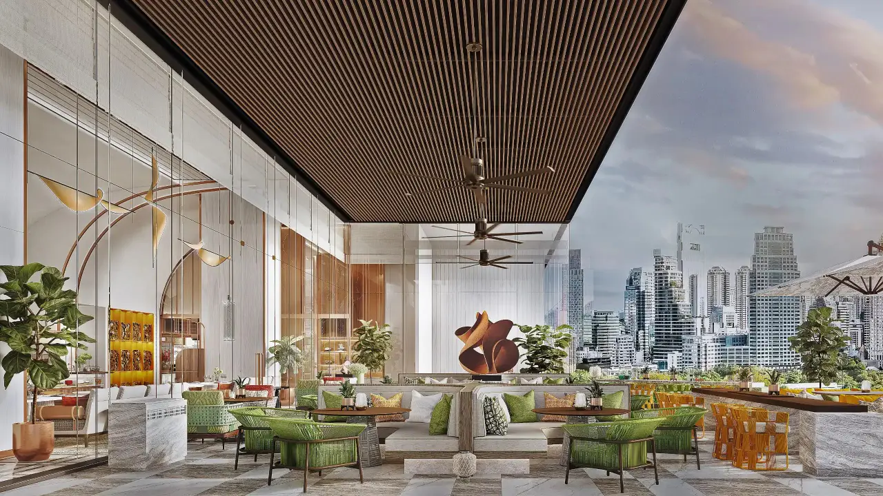 Outdoor terrace dining area at Andaz One Bangkok with city skyline views and modern seating