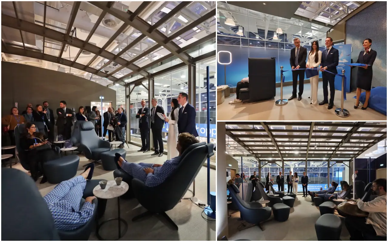 Group of airline executives and guests attending the opening of ITA Airways’ renovated Hangar Lounge in Rome, featuring ribbon-cutting and travelers seated in the new relaxation area.