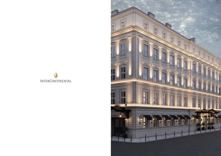Luxury Travel 13 Exterior rendering of the upcoming InterContinental Prague hotel, showing a restored historic facade with illuminated windows and classical architectural detailing.