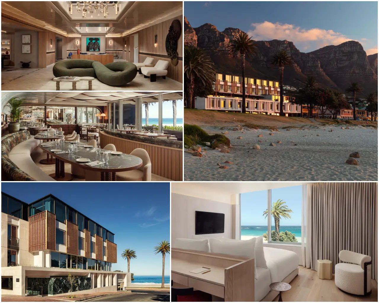Collage showing interiors and beachfront exterior of Morea House hotel in Camps Bay, Cape Town