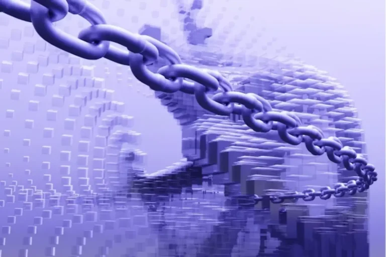 Technology 13 Abstract digital illustration of a blockchain chain forming a human silhouette, symbolising decentralised technology and connectivity.
