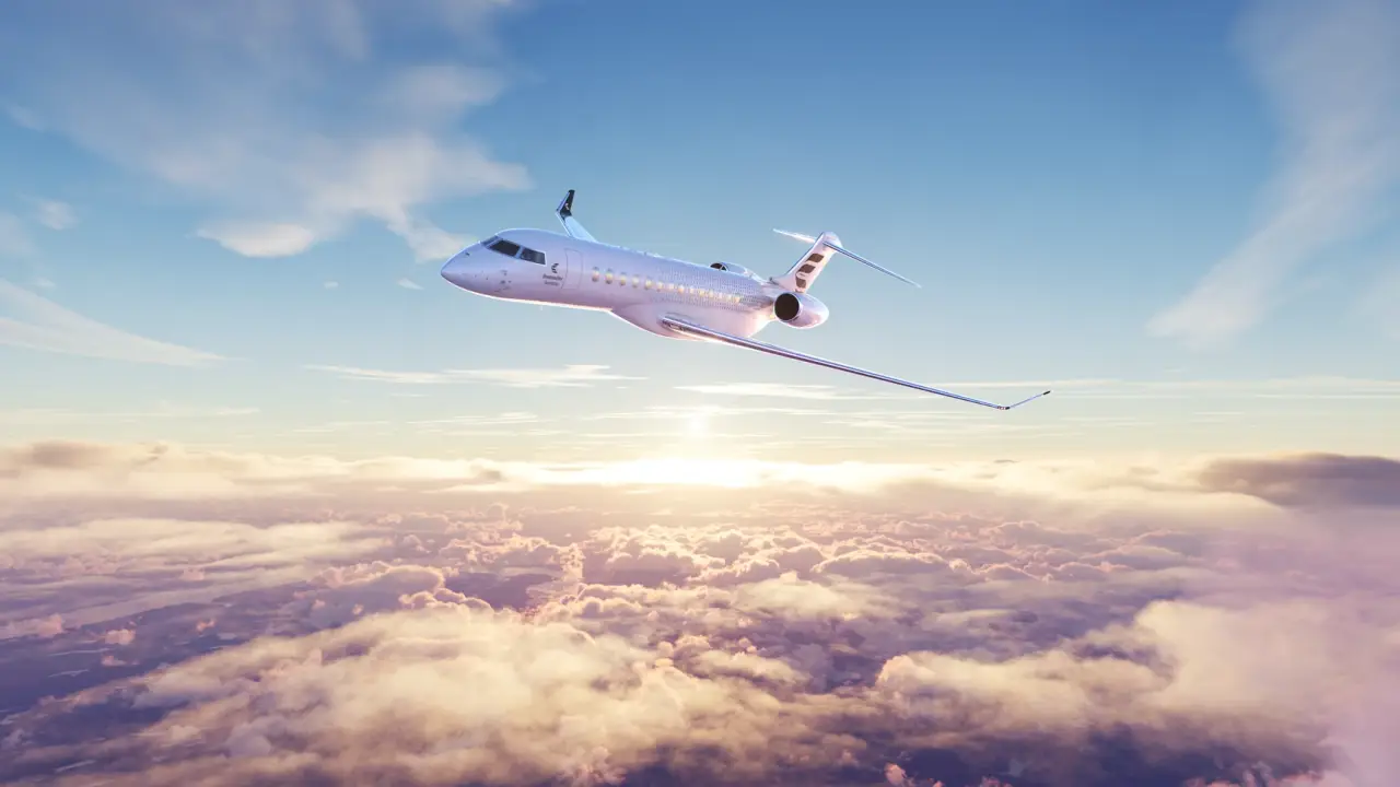 Bombardier Global 8000 business jet flying above clouds during flight