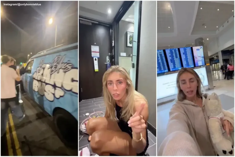 Other News 15 Collage showing Bonnie Blue near a branded van, sitting on a hotel floor speaking to the camera, and later filming herself at an airport.