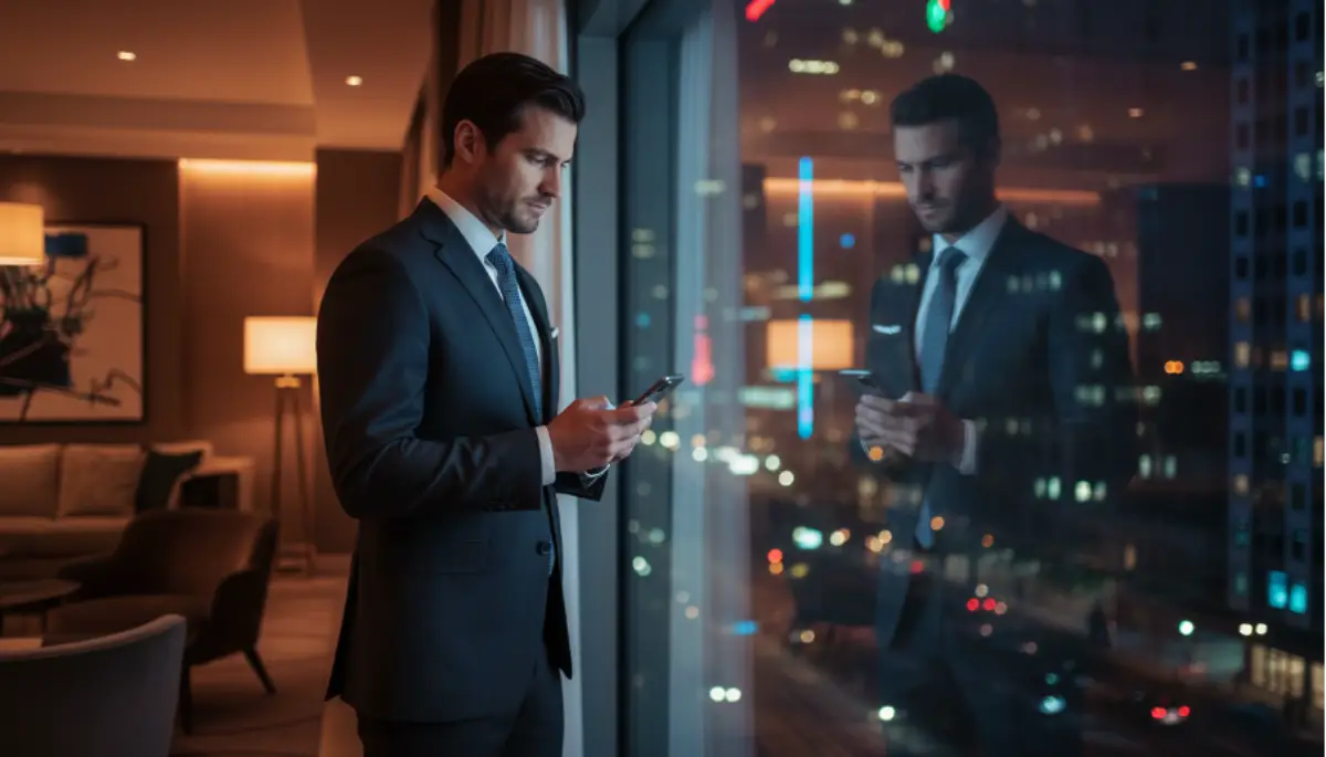 Businessman in a suit using a smartphone beside a hotel window overlooking a city at night