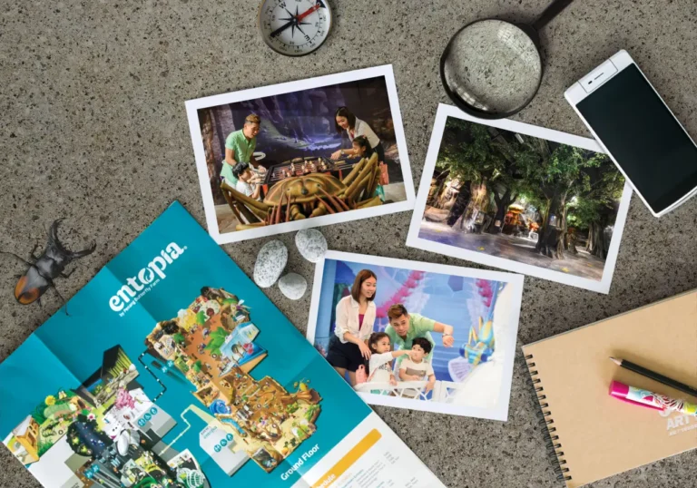 News From Turkey - Türkiye 26 Flat lay of Entopia brochures and photos showing families exploring insect exhibits