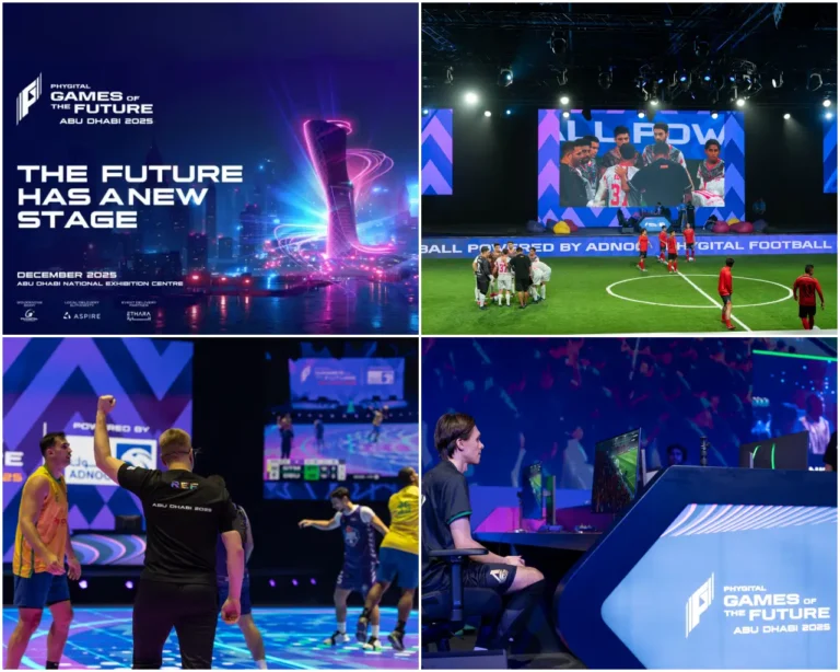 Four-panel collage showing Games of the Future Abu Dhabi 2025, including event poster, phygital football match, basketball action, and esports competition.