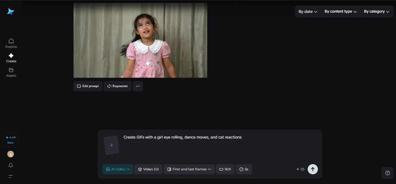 Young girl in a pink dress looking upward while posing for a video preview on a creation platform.