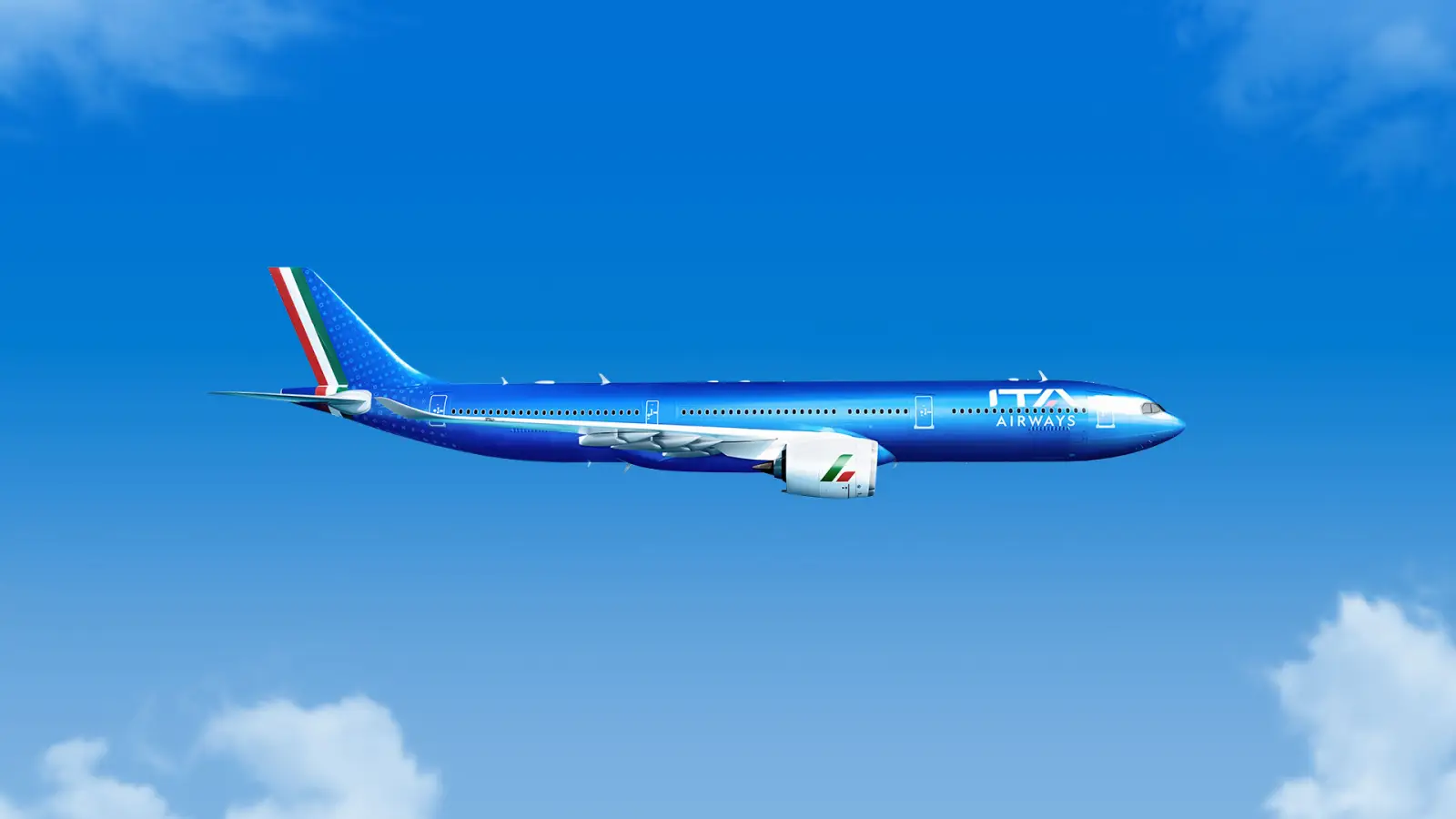 ITA Airways Airbus A330neo in blue livery flying against a clear sky with light clouds.