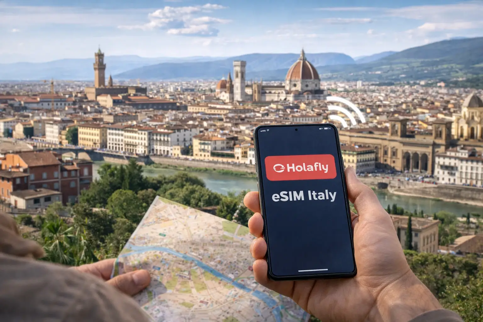 Traveler holding a smartphone with an eSIM Italy app while overlooking Florence cityscape and cathedral