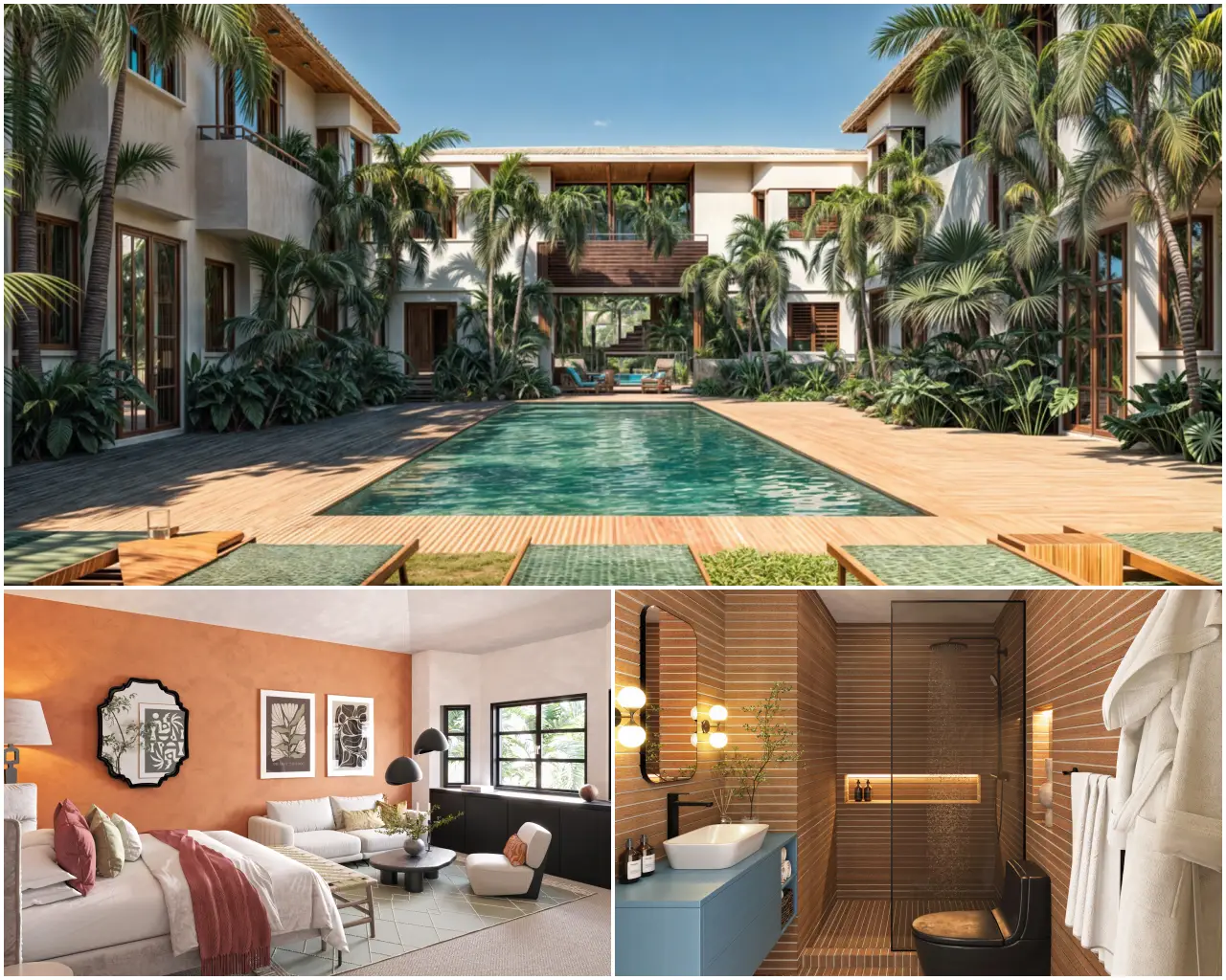 Maison Felix Opens Boutique Hotel In Miami Beach 3 Collage showing courtyard pool, guest room, and bathroom interiors at Maison Felix in Miami Beach