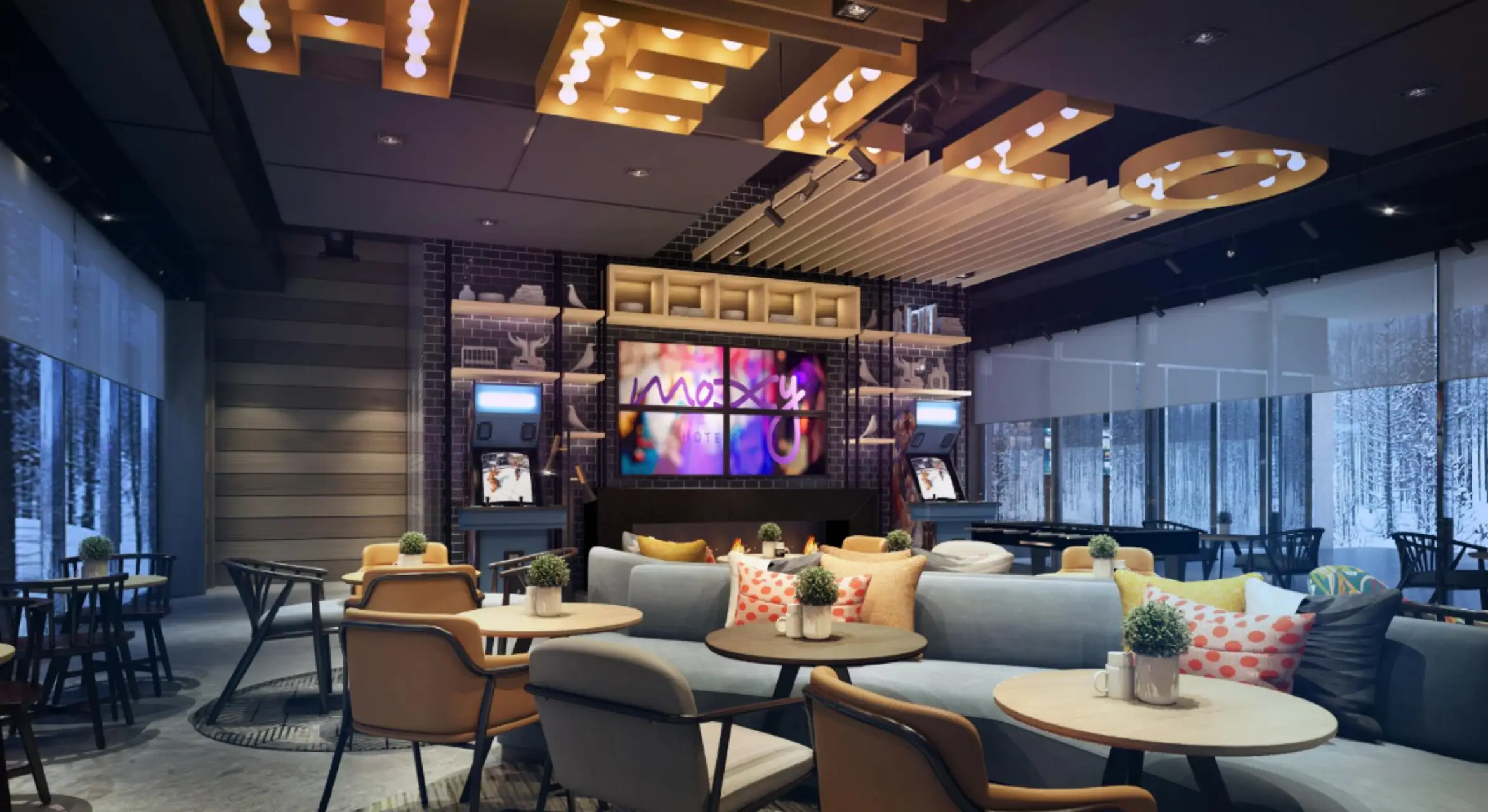 Interior lounge and bar area at Moxy Niseko Village with modern seating and lighting