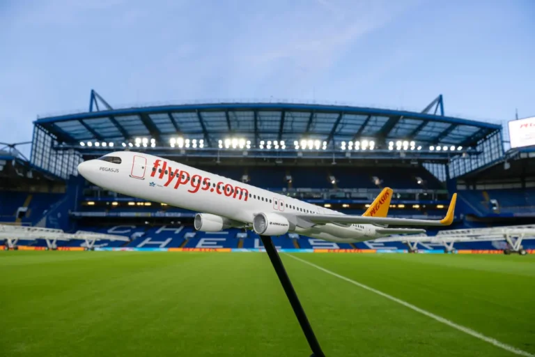 Pegasus Airlines aircraft displayed on the pitch at Chelsea FC’s Stamford Bridge stadium