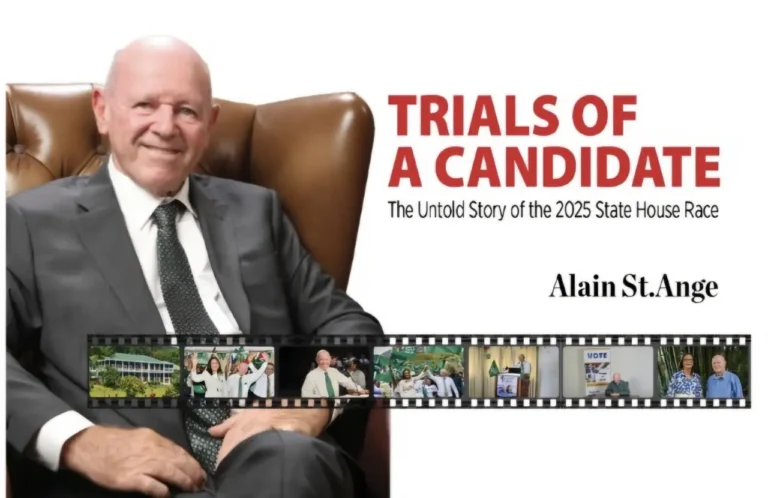Man in a suit seated in an armchair beside book cover text reading “Trials of a Candidate – The Untold Story of the 2025 State House Race,” with a filmstrip of campaign images below.
