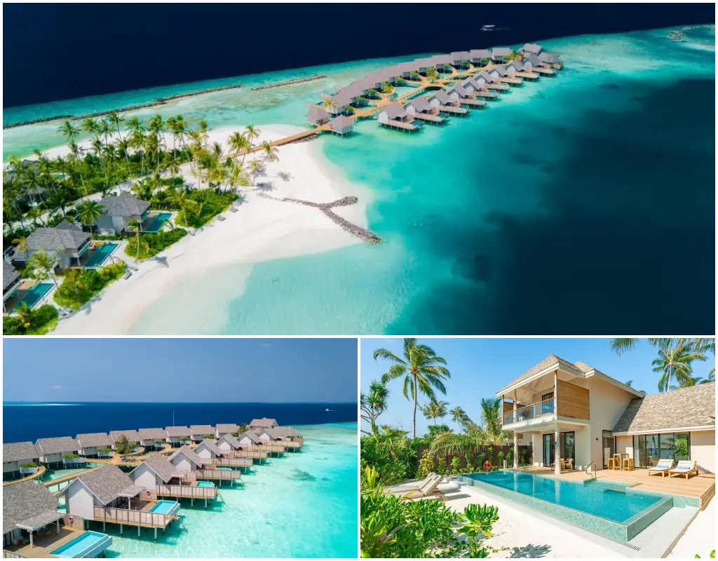New Maldives Hotels &Amp; Resorts, 2025 &Amp; 2026 14 Collage showing aerial views of overwater villas, turquoise lagoon, and a private pool beach villa at Ananea Madivaru Maldives resort.