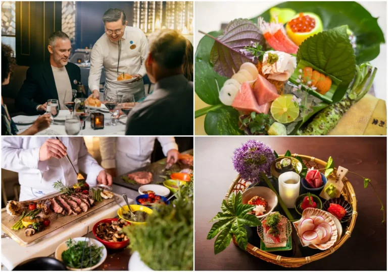 Chef serving fine dining to guests alongside plated sushi and premium steak dishes in a luxury cruise ship restaurant.
