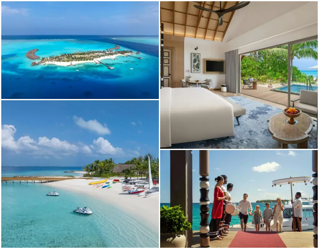 New Maldives Hotels &Amp; Resorts, 2025 &Amp; 2026 18 Collage showing aerial island views, beachfront lagoon activities, luxury villa interior, and guest arrival experience at JW Marriott Kaafu Atoll Island Resort.