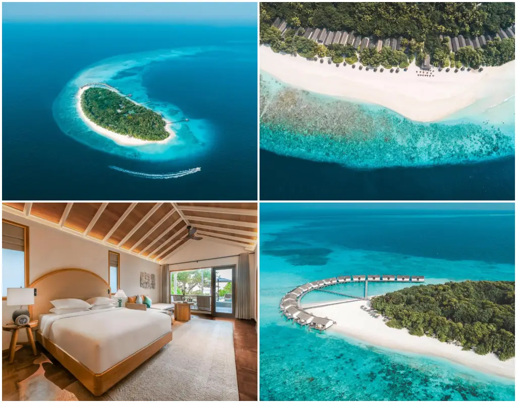 New Maldives Hotels &Amp; Resorts, 2025 &Amp; 2026 13 Collage showing aerial island views, beachfront reef, overwater villas, and a luxury guest room at NH Collection Maldives Reethi Resort.