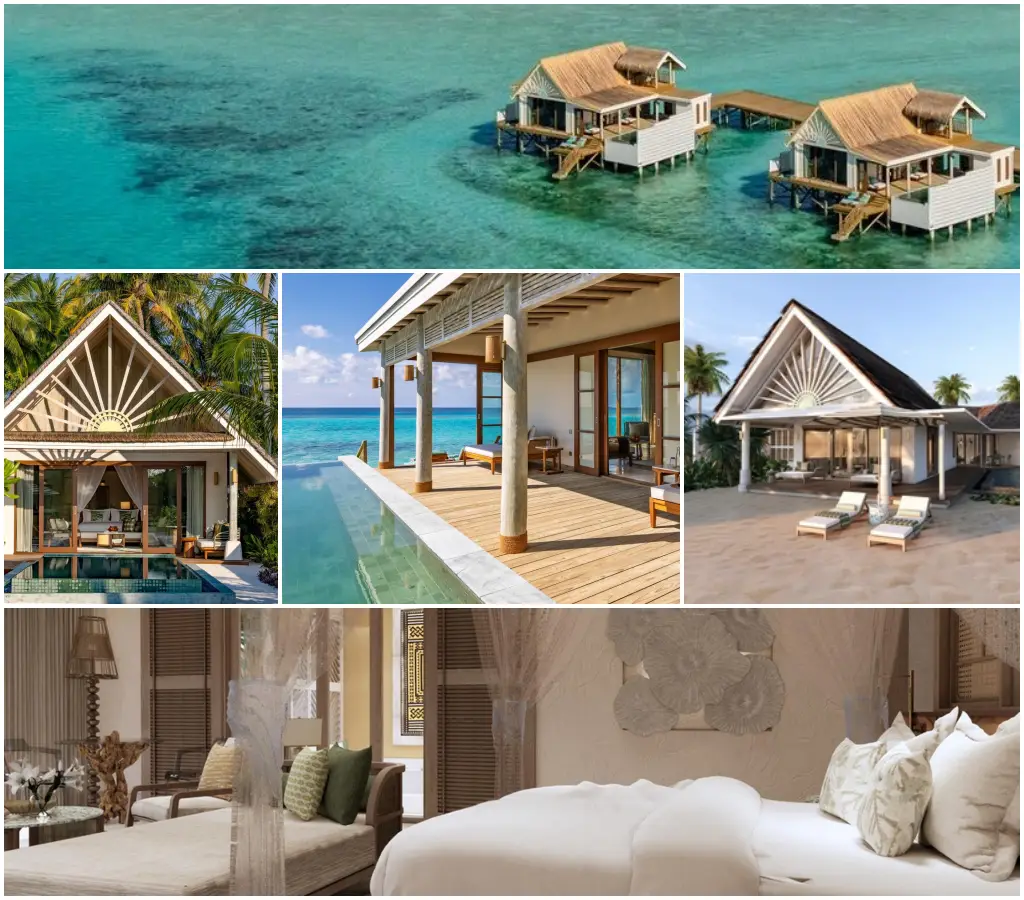 New Maldives Hotels &Amp; Resorts, 2025 &Amp; 2026 7 Collage of overwater and beachfront villas, private pool terraces, and luxury bedroom interiors at RAH GILI Maldives resort.
