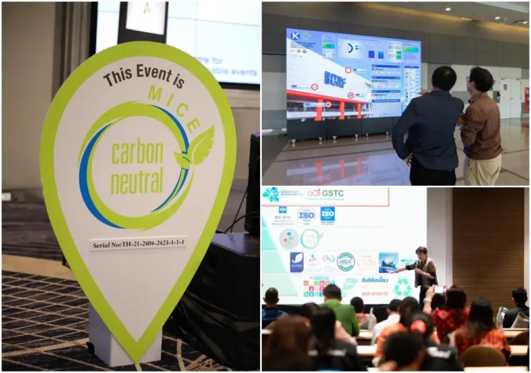 Carbon-neutral certification sign at a Thailand business event, alongside conference sessions and sustainability dashboards.