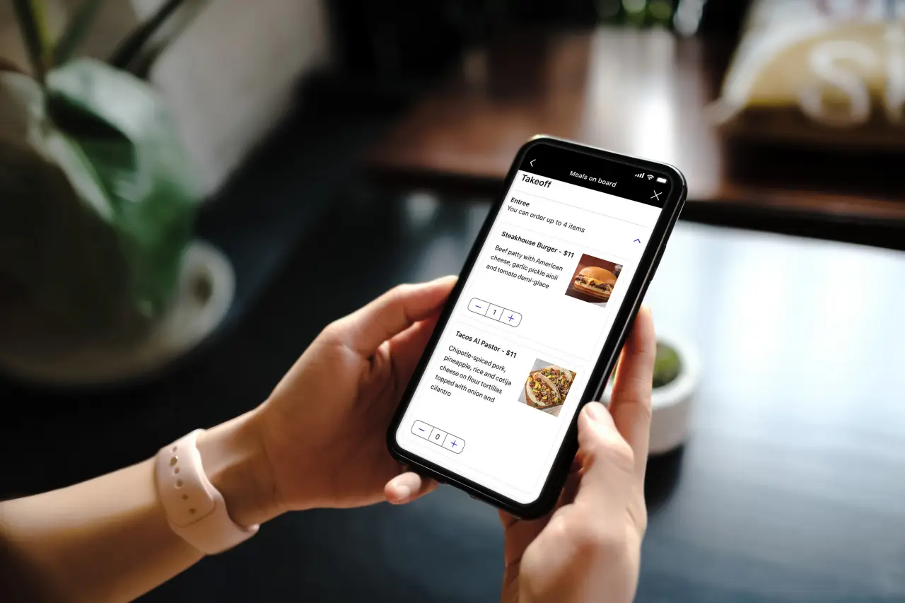 Person holding smartphone showing airline app menu for preordering inflight meals